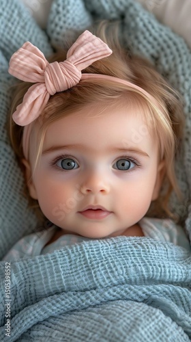 Adorable baby girl with a pink bow and blue eyes snuggled in a cozy blanket, capturing warmth and innocence in a soft, inviting setting.