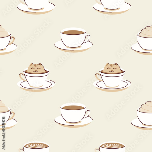 Cute illustrations of coffee in a paper cups, pastel colors, seamless pattern, flat style