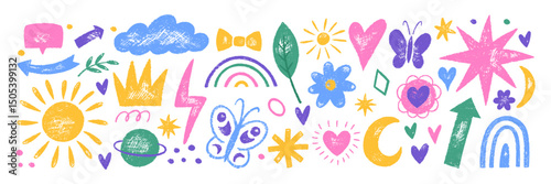 Collection of doodle hand drawn heart, crown, rainbow and clouds with crayon, pastel, chalk or pencil texture. Color vector illustration on a white background.