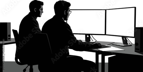 Collaborative Teamwork Two Professionals Working on Monitors, Focused on Project Success