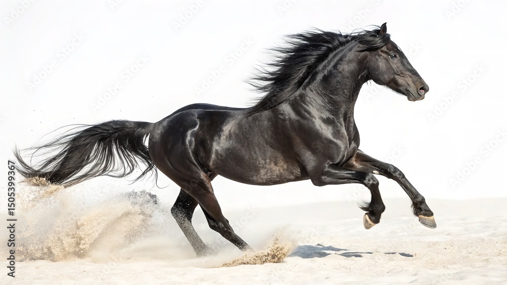 Obraz premium A stunning black horse runs gracefully, showcasing power and agility in a dynamic motion.