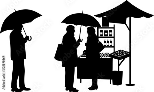 Rainy Day Market Scene Silhouettes of People Shopping Under Umbrellas at an Outdoor Stall