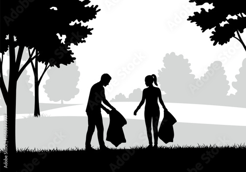 Environmental Cleanup Couple Picking Up Litter in a Park, Promoting Sustainability and Community Responsibility photo