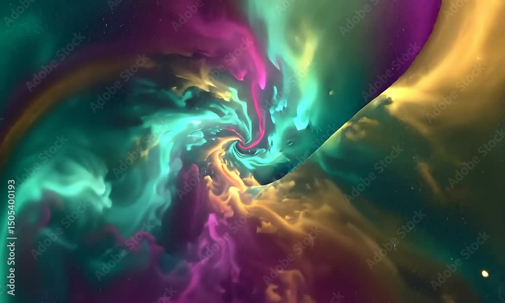 Swirling abstract fluid in teal, gold, pink and purple, vortex shape
