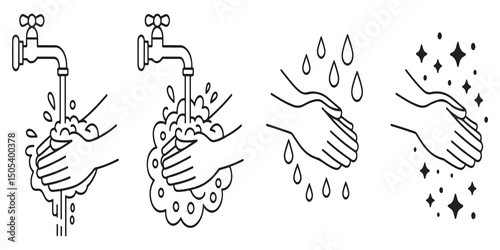Hand-drawn vector illustration of a human hand washing silhouette