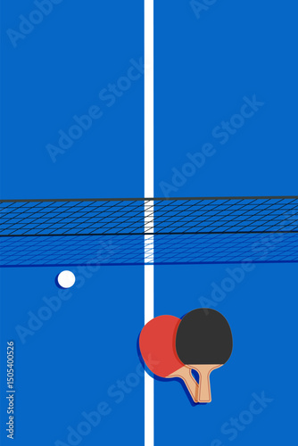 Table tennis top view. Ping Pong table with rackets and ball. Sport game tournament, ad background with ball, racket, net. Match, competition promotion, advertising. Flat vector illustration