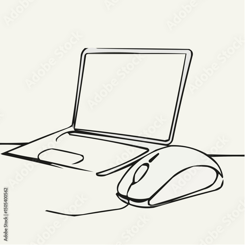 Outline of laptop and mouse in minimal design on a neutral background  