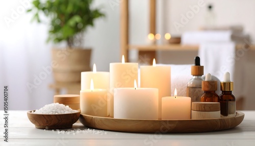 A rustic wooden tray elegantly displays an assortment of flickering candles in varying heights, accompanied by a small bowl of coarse sea salt, creating a serene ambiance.