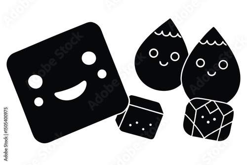 Cute cartoon characters with happy faces and geometric shapes