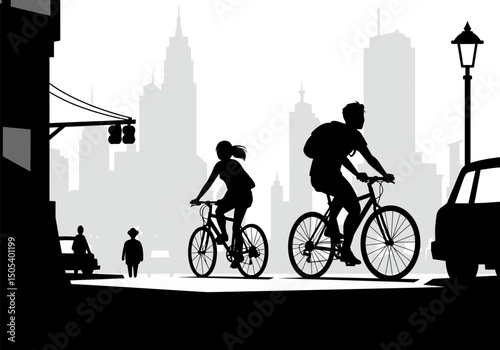 Urban Cycling Silhouette Illustration of Cyclists Riding Bikes in City Streets