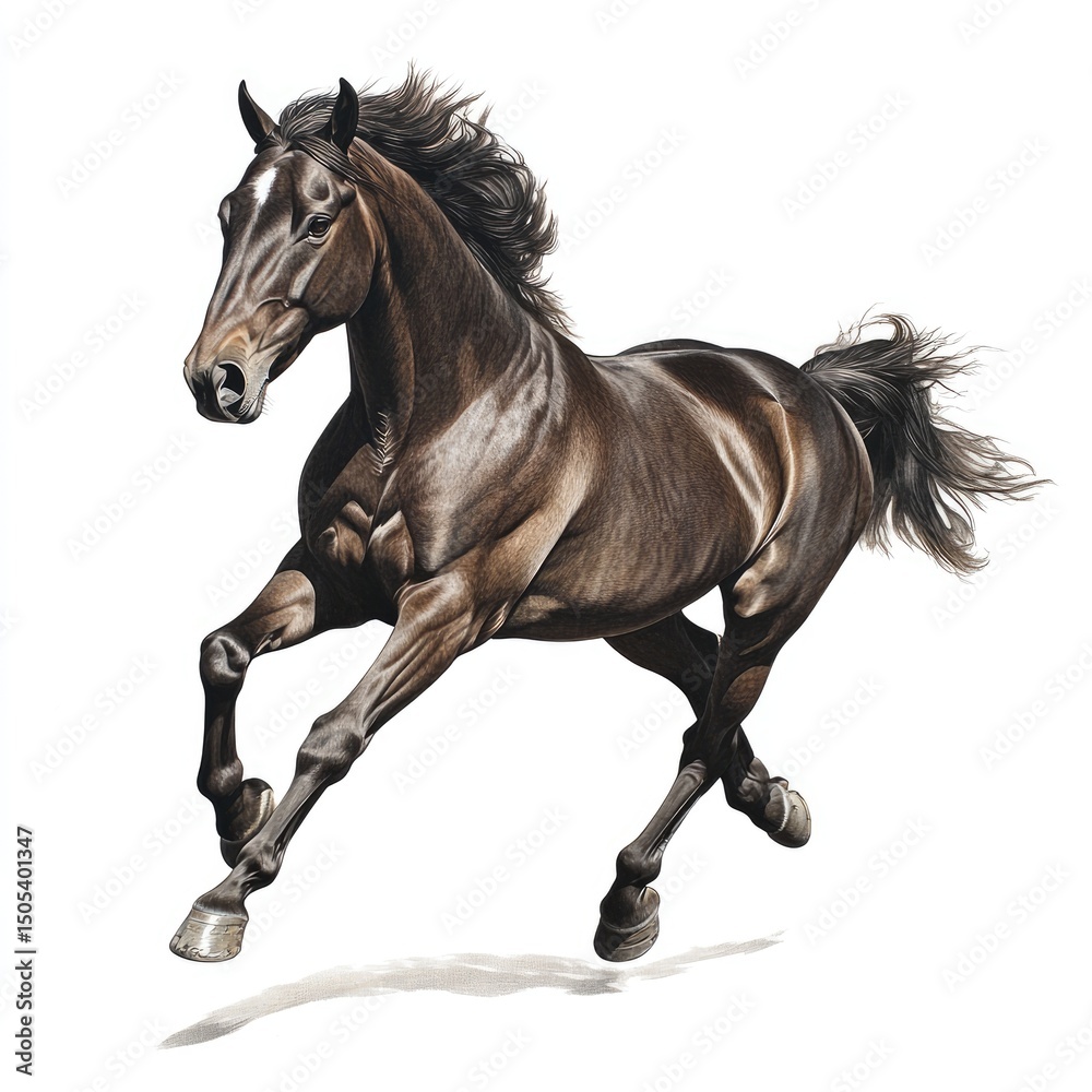 Obraz premium Beautiful brown horse galloping on a white background, photorealistic, full-body shot, high resolution, hyperrealistic, no shadow at the bottom of the picture.