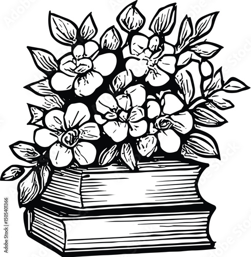 Books with flowers vector black silhouette cricut design for T-Shirt