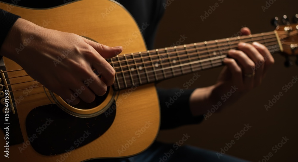 Fototapeta premium Playing guitar. Hand presses strings, wooden instrument, against dark background