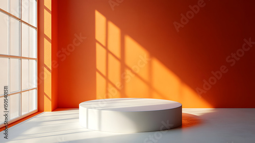 3D studio room with orange background. Empty floor and wall with product podium. Shadow overlay from window to countertop. Mockup illustration with sunlight.