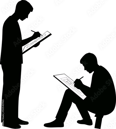 Silhouette Illustration Two Men Drawing Architectural Plans, Design Process, Creative Work, Engineering