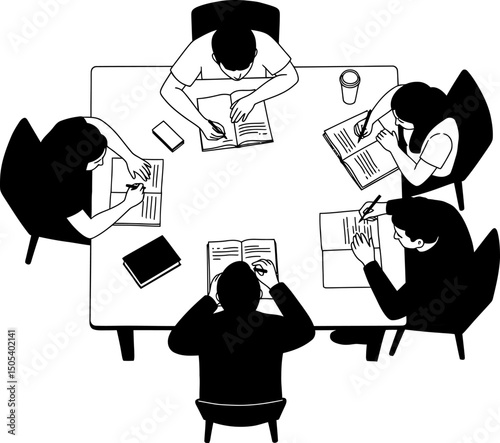 Collaborative Study Session Students Working Together Around a Table, Top-Down View Illustration