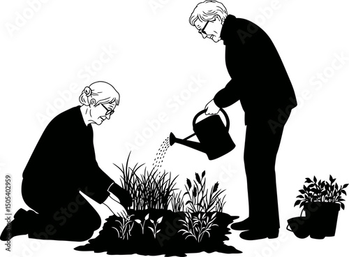 Senior Couple Gardening Together Cultivating Plants and Shared Moments