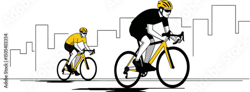 Urban Cycling Two Cyclists Ride Through City Streets Illustration