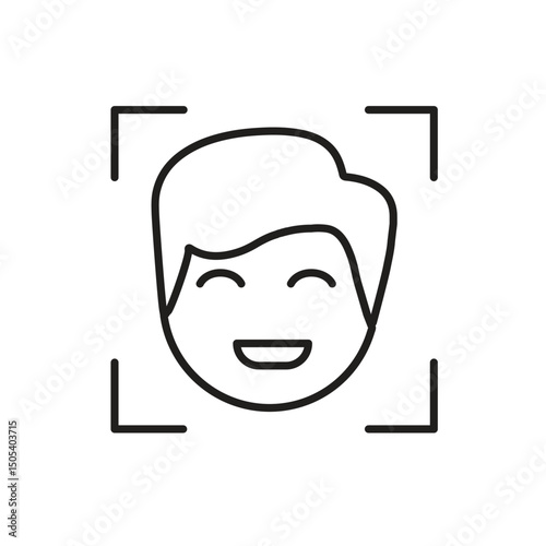 Automation icon. AI Face Recognition symbol. Face with detection box. depicts technology, future, artificial intelligence. Outline design style