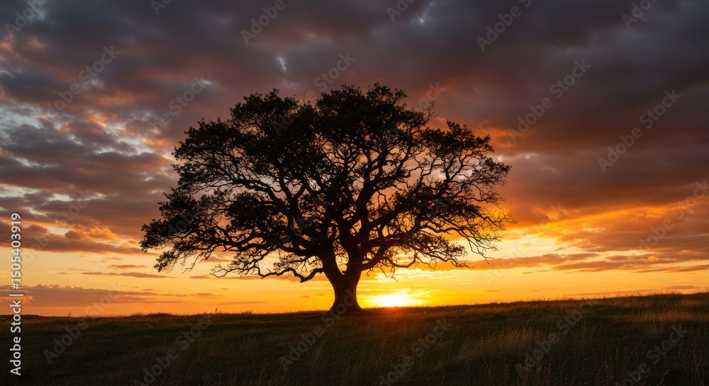 Fototapeta premium Solitary tree silhouetted against a vibrant sunset, set in a grassy field under a dramatic sky