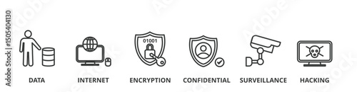 privacy banner vector illustration concept with icon of data, internet, encryption, confidential, surveillance and hacking
