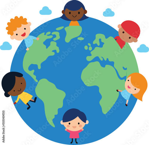 Children Holding Hands Around Earth Illustration.