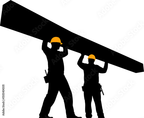 Construction Workers Teamwork Lifting Heavy Beam, Teamwork, Construction, Building, Industry