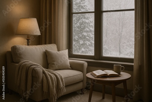 Cozy reading nook with armchair and table in snowy winter setting
