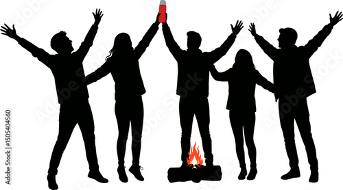 Celebrating Success Silhouettes of Friends Rejoicing Around a Campfire