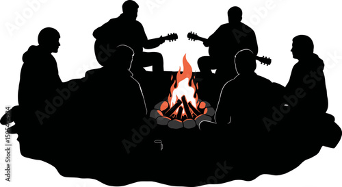 Campfire Night Friends, Guitars, and Storytelling Around a Bonfire