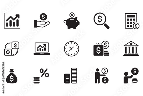 Set of Finance and Business Icons for Economic Growth, Budgeting, and Banking