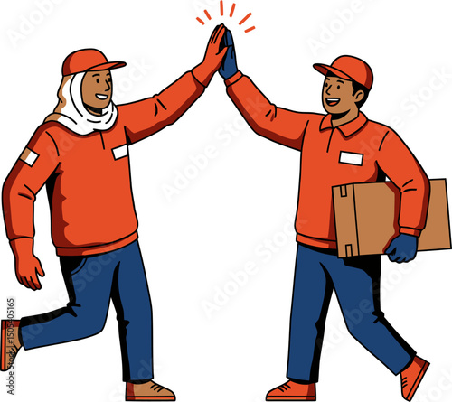 Successful Delivery Teamwork High Five Celebration of Efficient Package Handling and Customer Satisfaction