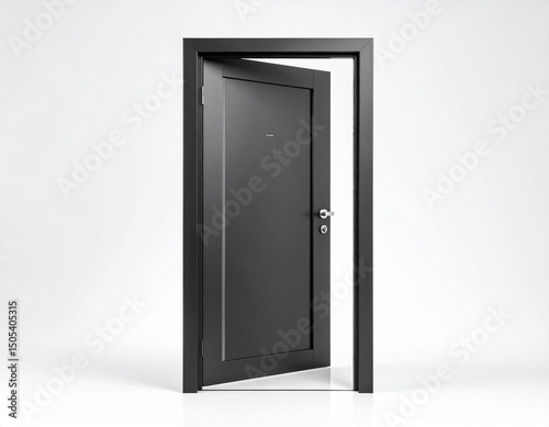Black metallic door frame isolated on white. Modern entrance design. Minimalist architectural home design. Glass door, interior, exterior element. 