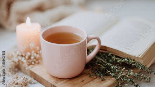 Pastel Ceramic Mug with Herbal Tea beside Journal and Candle on Wooden Tray in Natural Morning Light