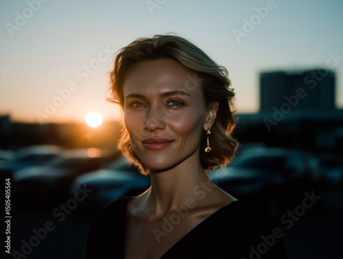 Elegant woman at sunset with glowing light 
