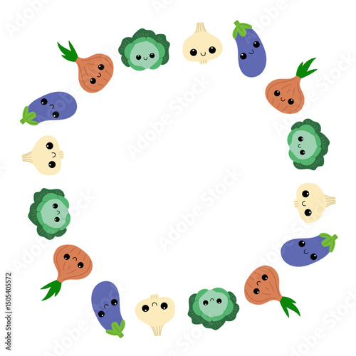 Round frame with cute vegetables. Veggies with smiling faces.
