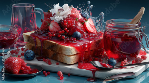 Bread toast with spread strawberry jam, knife and spoon, marmalade in glass jar and whole berry. Cartoon vector sweet bitten square sandwich with homemade jelly preserve. Dessert snack for breakfast.