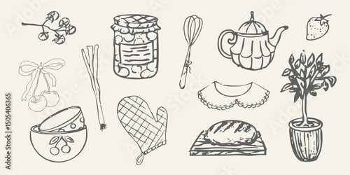 Cottagecore set cosy country rural things sketch. Retro cute whimsy farm themed cottage core aesthetic. Hobby collection, vegetables doodle.