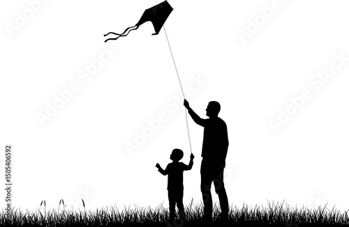 Father and Son Silhouette Enjoying a Kite Flying Adventure in a Field