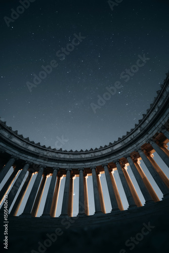Ancient Greek-style building with dramatic light beams at night under starry sky, surreal architecture photo