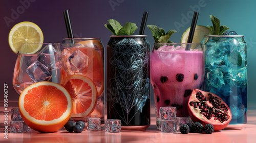 Soda cups and cans set, cold drinks of various flavors lemon, peach, watermelon and sea buckthorn or blueberry. Closed metal or plastic bottles with straws, fizzy fresh beverages, Cartoon illustration