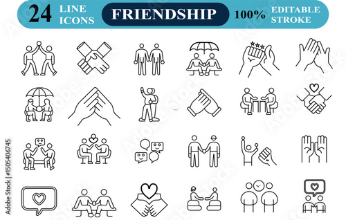 Friendship Icon Set – Friends, Hugs, Smiles, Handshake, Heart, Together, Fun, Connection, and Love Icons