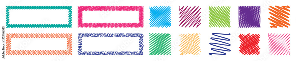 Obraz premium Doodle scribble multicoloured shapes and frames collection. Square, rectangle set. The hand drawing effect. Brush texture. Editable stroke. Vector elements for posters, banners, design and projects.