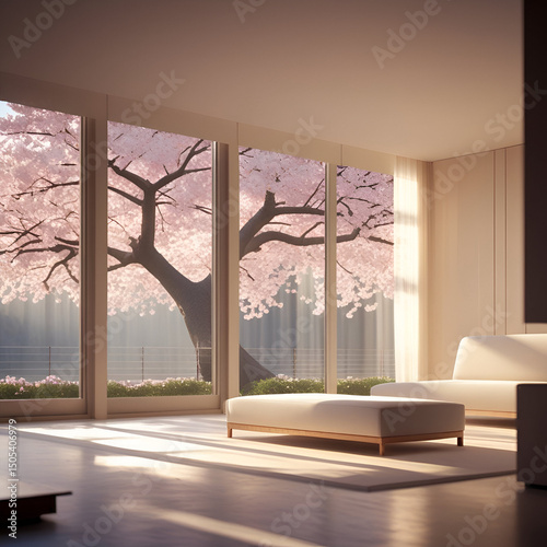 The minimalist living room is bright and sunny, offering a stunning view of cherry blossoms.