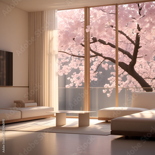 The minimalist living room is bright and sunny, offering a stunning view of cherry blossoms.