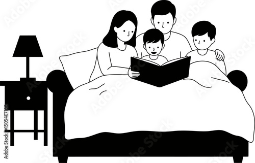 Family Bedtime Story Parents Reading to Their Two Sons Before Sleep, Illustration