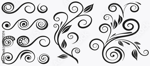 Black and White Floral Swirl Design Elements