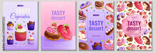 A set of flyers for desserts, confectionery, and cooking. A4 vector illustration for posters, banners and advertisements