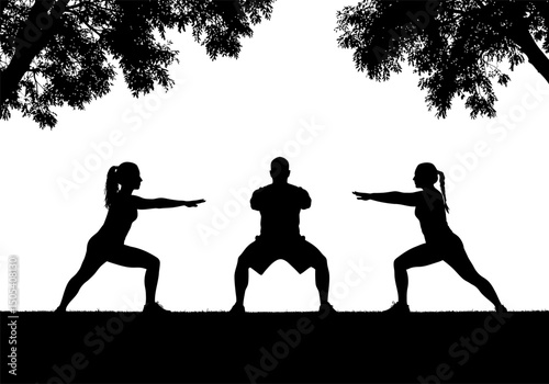 Silhouette of Three People Practicing Yoga or Tai Chi Outdoors in a Serene Park Setting