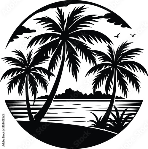 Tropical Beach Scene With Three Palm Trees Silhouette